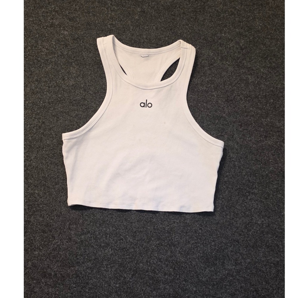 Alo Yoga White Ribbed Racerback Cropped Tank Top Athleisure Gym Wear
